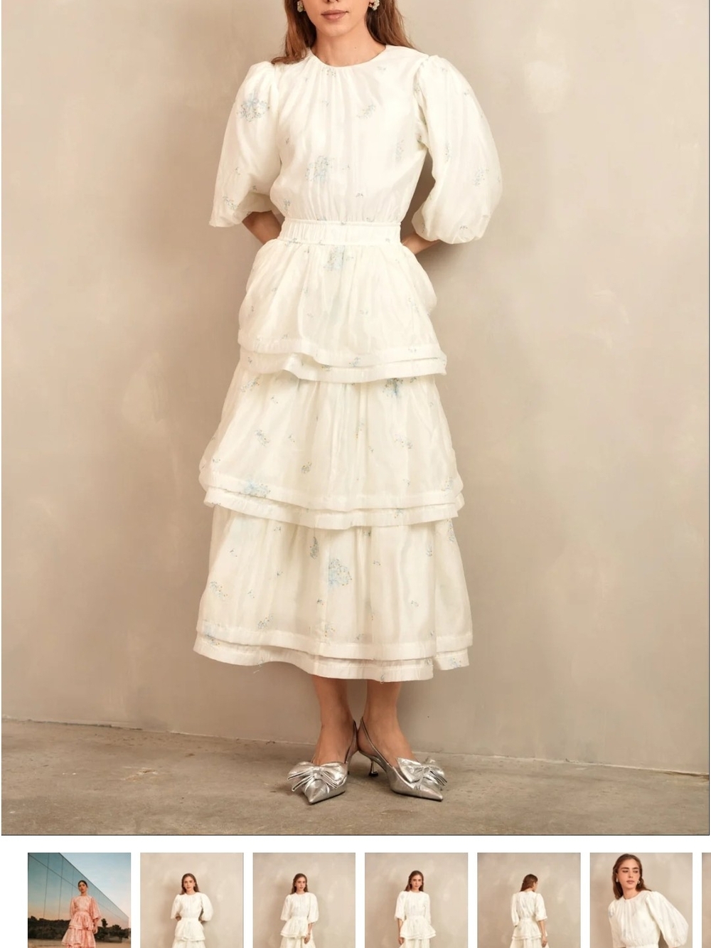 Ivory Tiered Maxi Skirt with Delicate Blue Floral Print